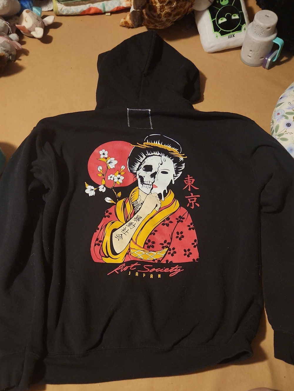 riot society Black Hoodie with Red, Yellow and White Geisha Skull Graphic